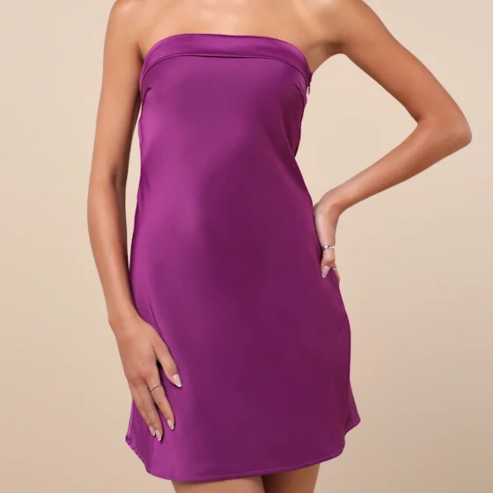 Exquisite Approach Purple Satin Strapless Cowl Back Mini Dress